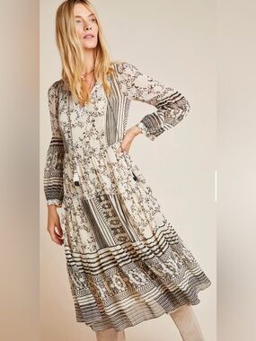 Anthropology Talulah Tiered Midi Dress Cream/ black Boho Floral